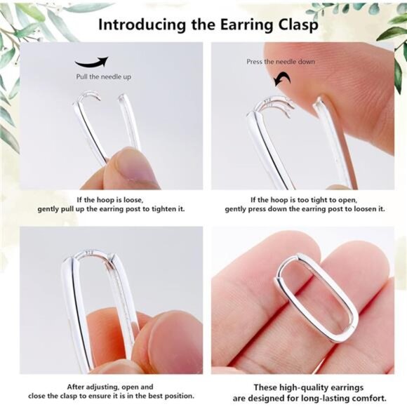 925 Sterling Silver Rectangle Hoop Earrings for Women Silver Geometric - Picture 5 of 7